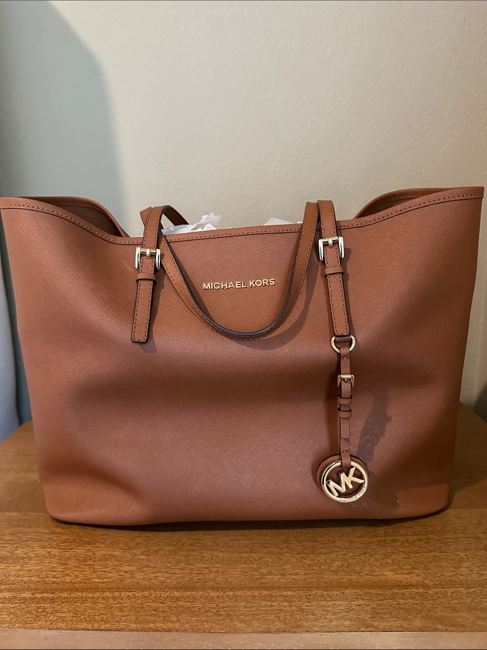 Michael Kors Cognac Saffiano Leather Tote with Gold Logo Charm